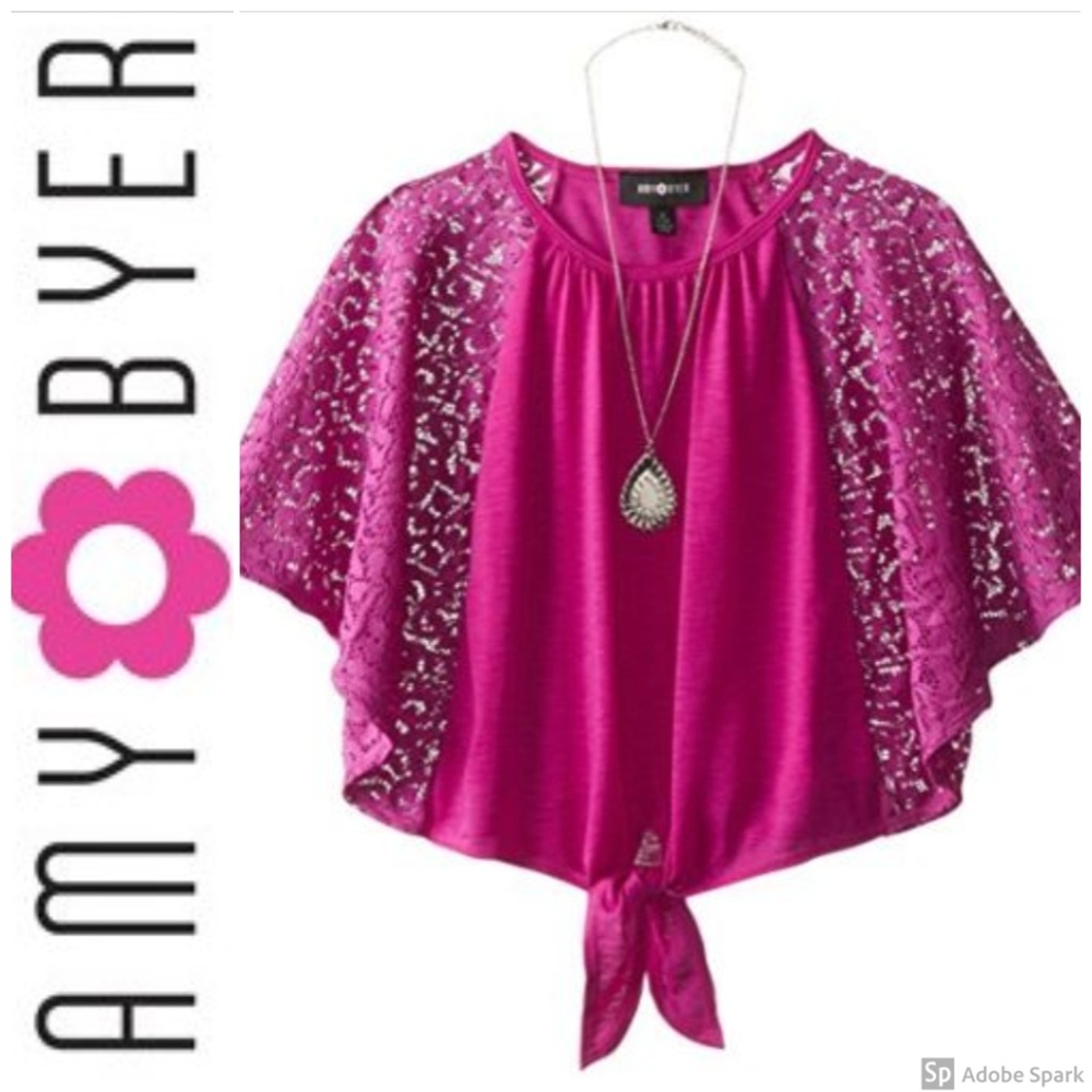 Amy Byer Girl Lace Flutter Sleeve Tie Front Top 14